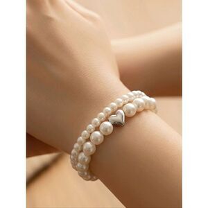 2pcs - Elegant Pearl Beaded Bracelet Stack Silver Heart Charm Layer Jewelry Set